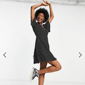 ASOS button up tie back mini tea dress with angel sleeve black spot 4 polka dot